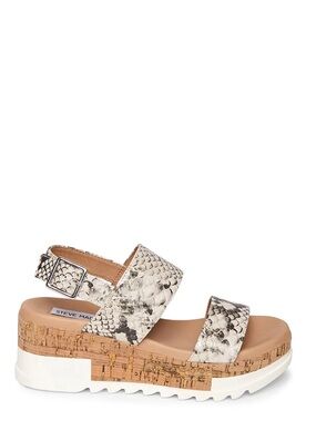 Steve Madden Brenda Cork-Platform Snake-Print Wedge Sandal - Cream/Black